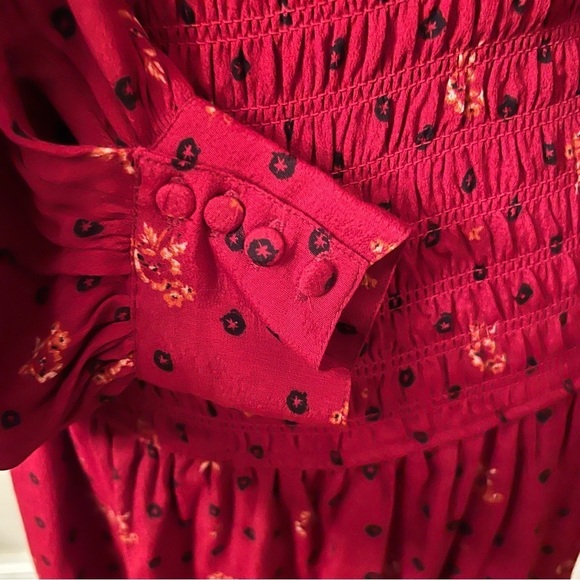Free People Two Faces Mini Dress ruby red floral smocked long sleeve XS boho - Picture 11 of 16